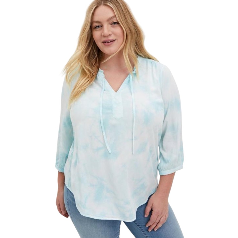 Torrid Rayon Twill Peasant Blouse Blue White Cloud Tie Dye Tie Top 3/4 Sleeves